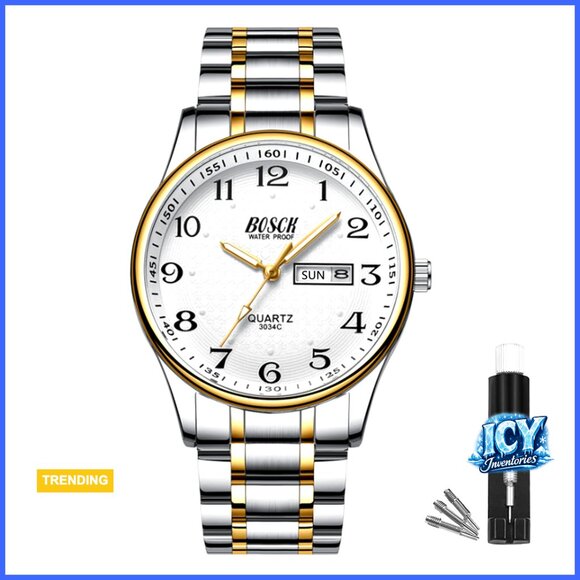 Stainless Steel Analogue Watch with Date Day Display Waterproof Fashion